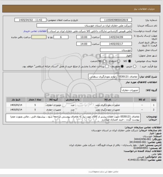 استعلام تقاضای 0530121 / لوازم نمودارگیری سظحی