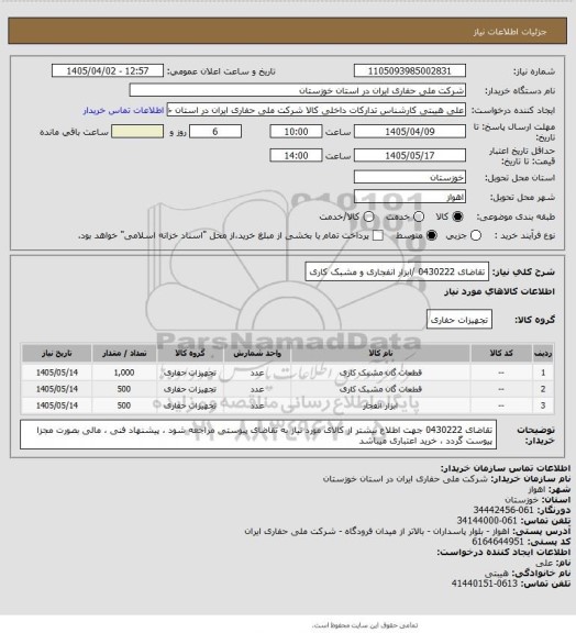 استعلام تقاضای 0430222 /ابزار انفجاری و مشبک کاری