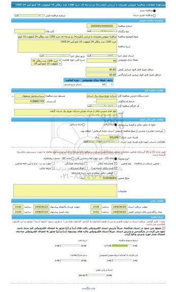 مناقصه، مناقصه عمومی همزمان با ارزیابی (یکپارچه) دو مرحله ای خرید 1200 عدد برقگیر 24 کیلوولت 10 کیلو آمپر 24-1405