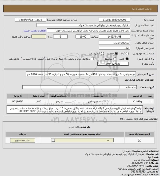 استعلام تهیه و اجرای کانیو کاسه ای به طول 930متر، تک جدول خوابیده 50 متر و شیاری 30 متر. جمعا 1010 متر