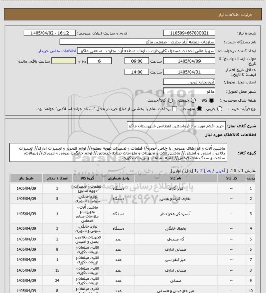 استعلام خرید اقلام مورد نیاز فرماندهی انتظامی شهرستان ماکو