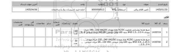 استعلام، تامین اقلام برقی