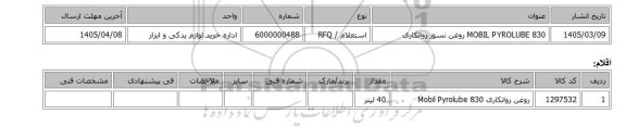 استعلام، MOBIL PYROLUBE 830     روغن نسوز روانکاری