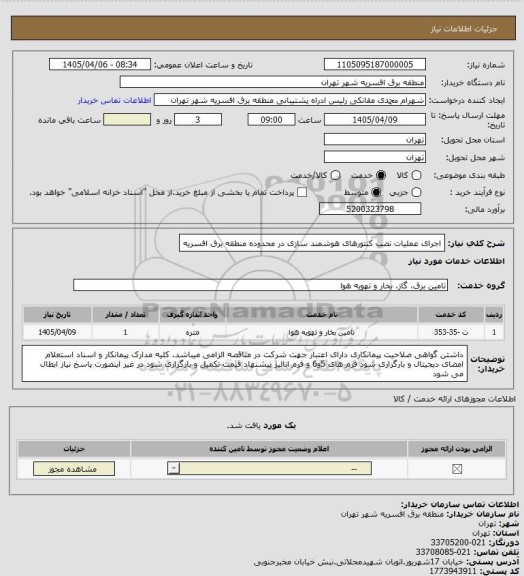 استعلام اجرای عملیات نصب کنتورهای هوشمند سازی در محدوده منطقه برق افسریه