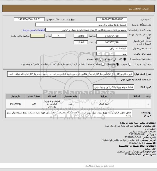 استعلام فیوز چاقویی(کاردی) 250آمپر- بارگذاری پیش فاکتور بابرندموردتایید الزامی میباشد- درصورت عدم بارگذاری ابطال خواهد شد-