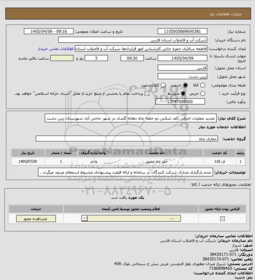 استعلام تجدید عملیات اجرایی کف شکنی دو حلقه چاه دهانه گشاد در شهر حاجی آباد شهرستان زرین دشت