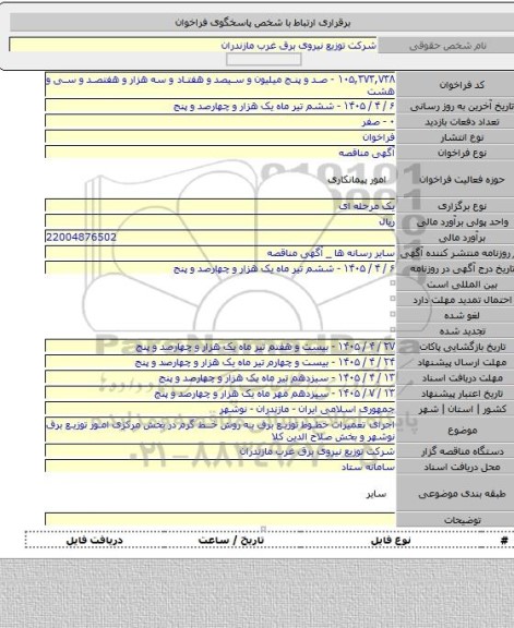 مناقصه, اجرای تعمیرات خطوط توزیع برق به روش خط گرم در بخش مرکزی امور توزیع برق نوشهر و بخش صلاح الدین کلا