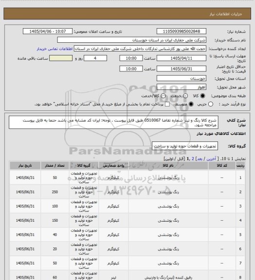 استعلام شرح کالا رنگ و تینر  شماره تقاضا  0510067  طبق فایل پیوست . توجه: ایران کد مشابه می باشد حتما به فایل پیوست مراجعه شود.
