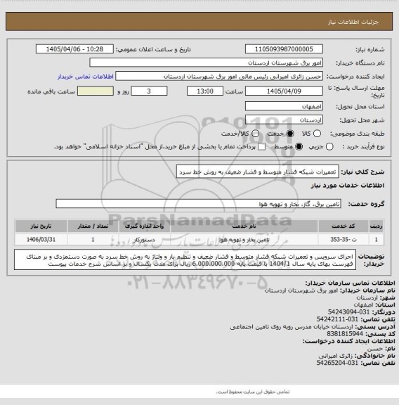 استعلام تعمیرات شبکه فشار متوسط و فشار ضعیف به روش خط سرد