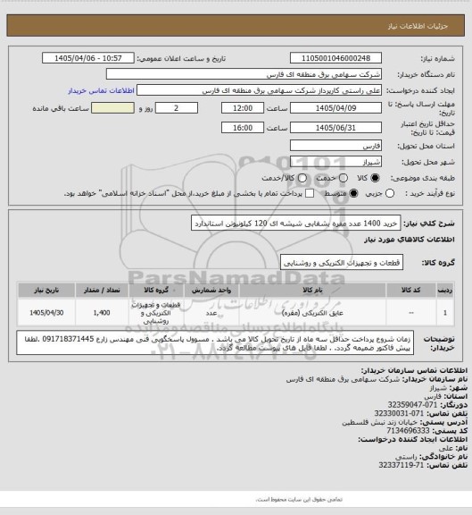 استعلام خرید 1400 عدد مقره بشقابی شیشه ای 120 کیلونیوتن استاندارد