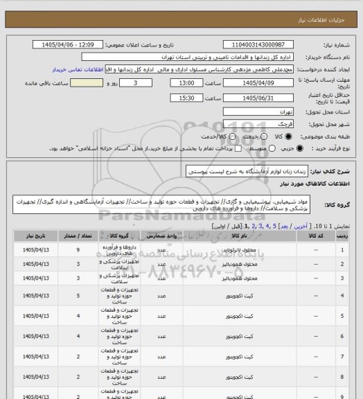 استعلام زندان زنان لوازم آزمایشگاه به شرح لیست پیوستی