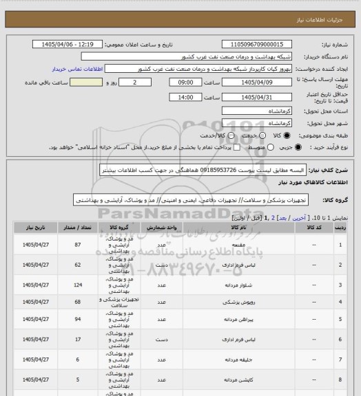 استعلام البسه مطابق لیست پیوست 09185953726 هماهنگی در جهت کسب اطلاعات بیشتر