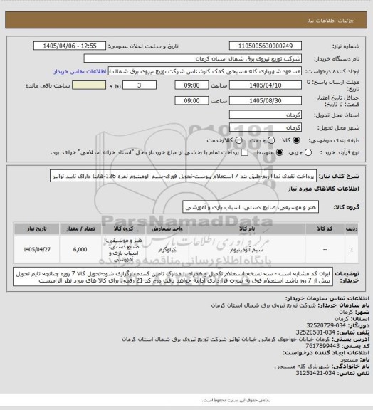 استعلام پرداخت نقدی ندااااریم-طبق بند 7 استعلام پیوست-تحویل فوری-سیم الومینیوم نمره 126-هاینا دارای تایید توانیر
