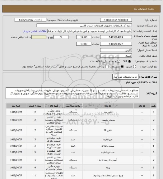 استعلام خرید تجهیزات مورد نیاز