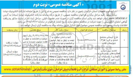 مناقصه طرح آبرسانی مجتمع خشت و گرو ( فاز4 )   ... نوبت دوم 