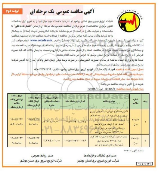 مناقصه تامین مصالح و اجرای شبکه های توزیع نیروی برق ... نوبت دوم