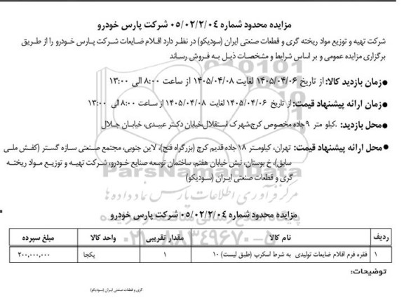 مزایده فروش 10 فقره فرم اقلام ضایعات تولیدی به شرط اسکرپ طبق لیست 