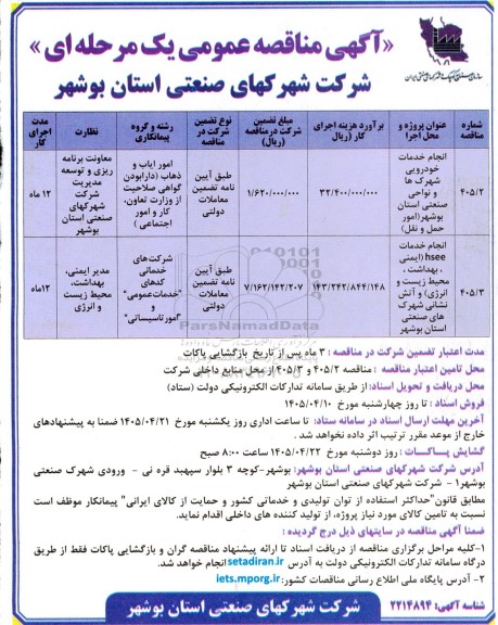 مناقصه انجام خدمات خودرویی شهرک ها و نواحی صنعتی ....