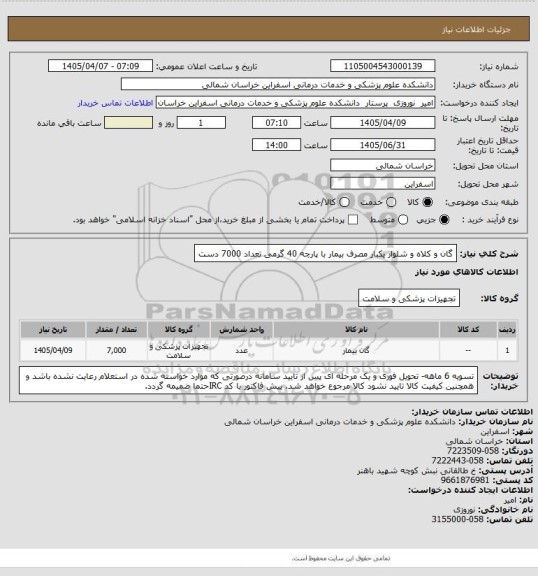 استعلام گان و کلاه و شلوار یکبار مصرف بیمار با پارچه 40 گرمی تعداد 7000 دست