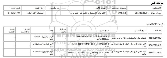 استعلام الکترونیکی، تابلو برق پلاستیکی- کلید قفل تابلو برق