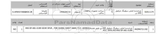 استعلام چرخدنده اصلی سوئینگ جرثقیل 205 تن