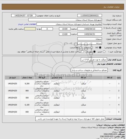 استعلام میلگرد به وزن تقریبی 17.5 تن