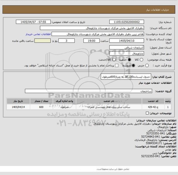 استعلام جدول ایستاده30در30 به متراژ600مترطول