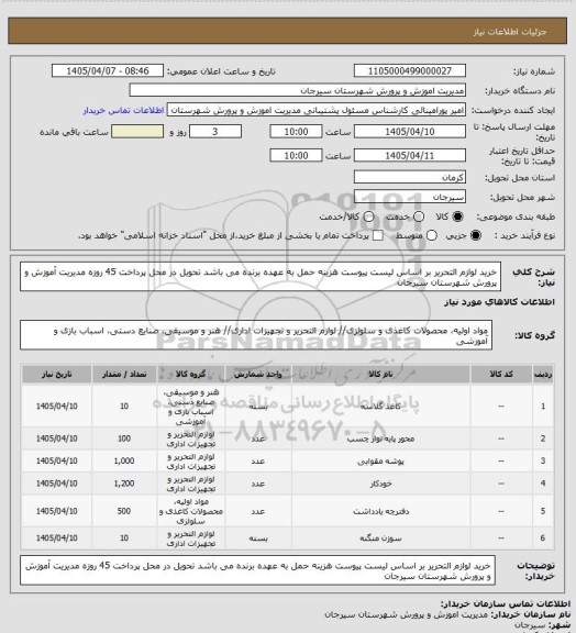 استعلام خرید لوازم التحریر بر اساس لیست پیوست هزینه حمل به عهده برنده می باشد تحویل در محل پرداخت 45 روزه مدیریت آموزش و پرورش شهرستان سیرجان