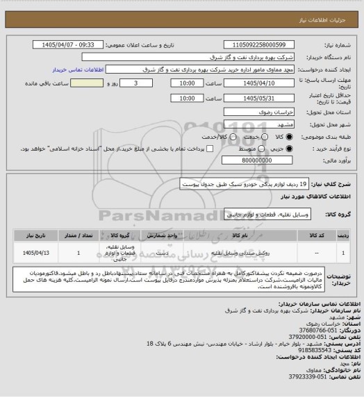 استعلام 19 ردیف لوازم یدکی خودرو  سبک طبق جدول پیوست