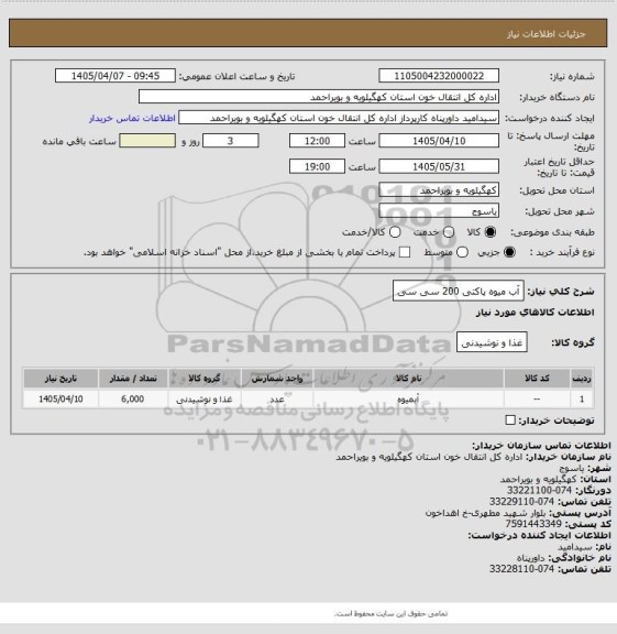 استعلام آب میوه پاکتی 200 سی سی