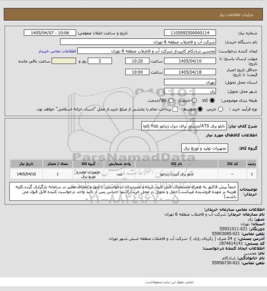 استعلام  تابلو برق ATS/چنجاور برای دیزل ژنراتور ۴۵۵ کاوا