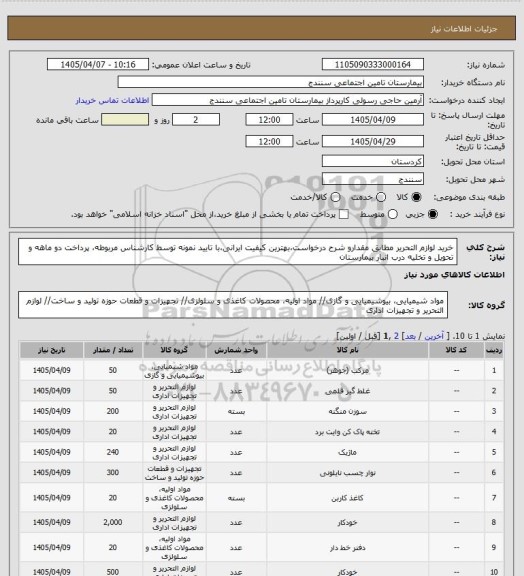 استعلام خرید لوازم التحریر مطابق مقدارو شرح درخواست،بهترین کیفیت ایرانی،با تایید نمونه توسط کارشناس مربوطه، پرداخت دو ماهه و تحویل و تخلیه درب انبار بیمارستان