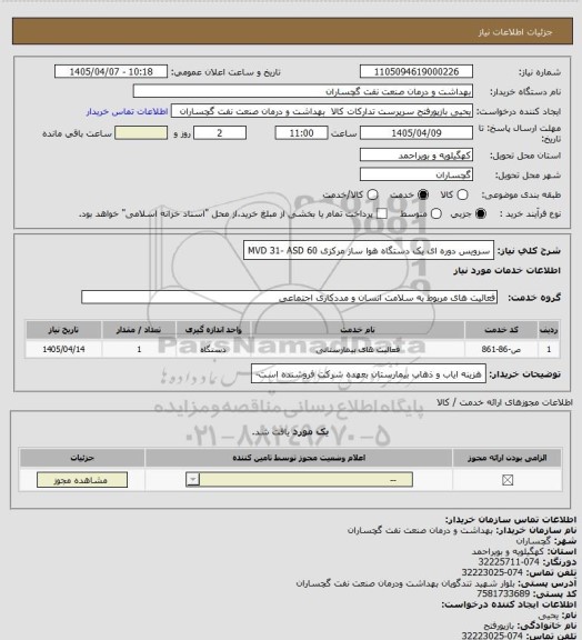 استعلام سرویس دوره ای یک دستگاه هوا ساز مرکزی MVD 31- ASD 60