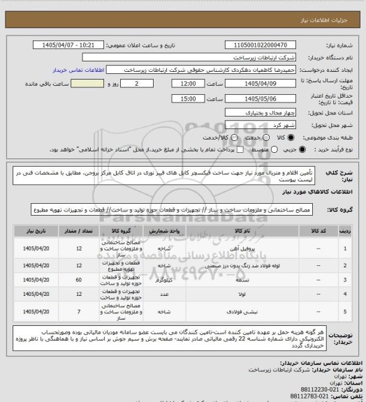 استعلام تأمین اقلام و متریال  مورد نیاز جهت ساخت فیکسچر کابل های فیبر نوری در اتاق کابل مرکز بروجن،  مطابق با مشخصات فنی در لیست پیوست