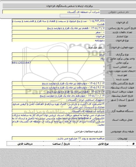 مناقصه, ۱۲مشاوره ای: گشت و بازرسی، کنترل بهره برداری و حفاظت کمی و کیفی منابع، مجاری و تأسیسات آبی علی آباد