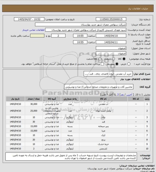 استعلام خرید آب معدنی ،لیوان کاغذی، چای ، قند، ....