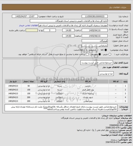 استعلام خریدموادغذایی طبق لیست پیوست