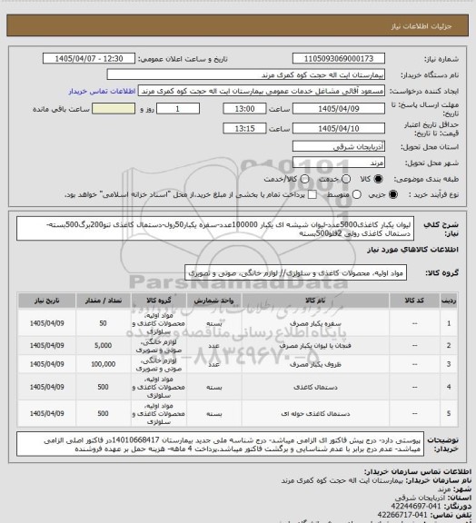 استعلام لیوان یکبار کاغذی5000عدد-لیوان شیشه ای یکبار 100000عدد-سفره یکبار50رول-دستمال کاغذی تنو200برگ500بسته- دستمال کاغذی رولی 2قلو500بسته