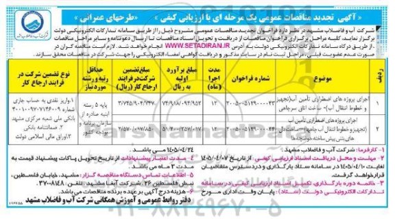 تجدید مناقصه اجرای پروژه های اضطراری تامین آب ...