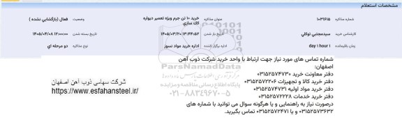 استعلام خرید 10 تن جرم ویژه تعمیر دیواره کک سازی