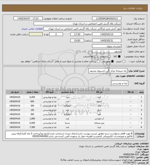 استعلام پک صبحانه مرکز نگین خسروی مشهد