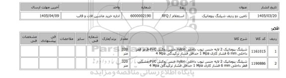 استعلام، تامین دو ردیف شیلنگ پنوماتیک
