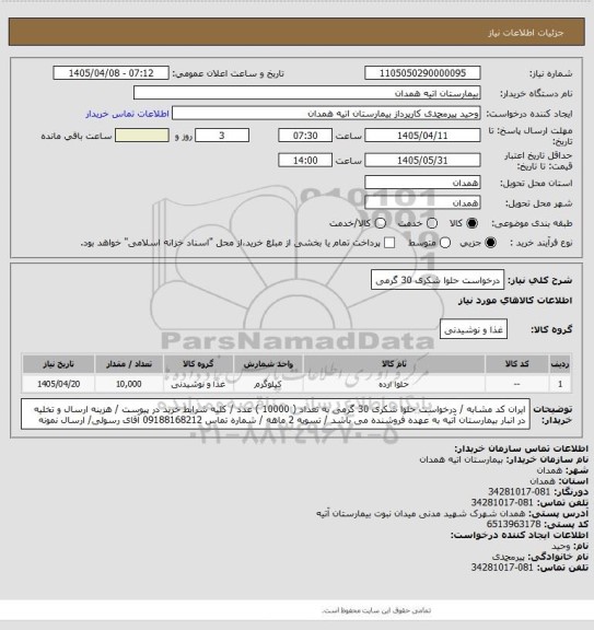 استعلام درخواست حلوا شکری 30 گرمی