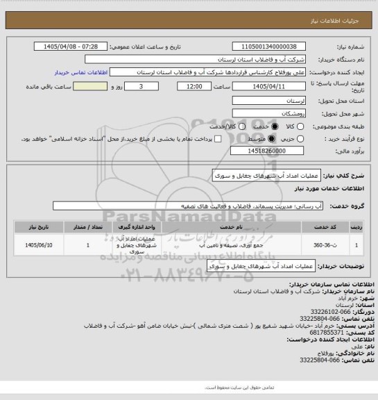 استعلام عملیات امداد آب شهرهای چغابل و سوری