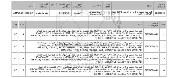 استعلام کلید مدار شکن؛ پل: 3؛ جریان نامی: 400 آمپر؛ 380/41 ... کامل