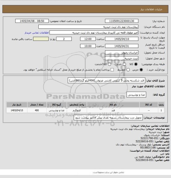 استعلام قند شکسته پختی 5 کیلویی کارتنی غزنوی_(400کیلو گرم/80کارتن)
