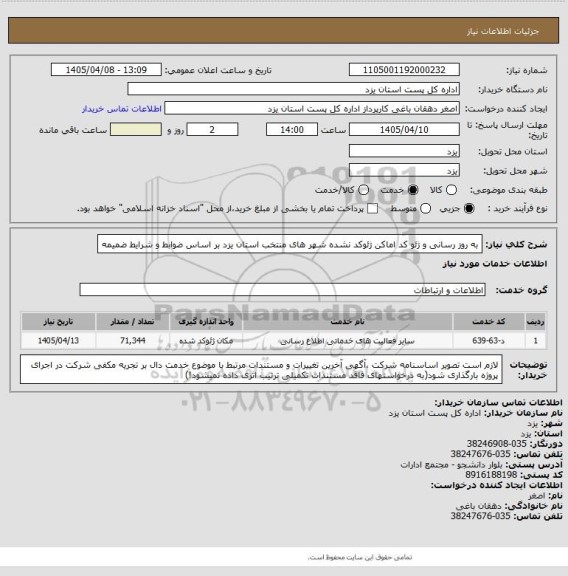 استعلام به روز رسانی و ژئو کد اماکن ژئوکد نشده  شهر های منتخب استان یزد بر اساس ضوابط و شرایط ضمیمه