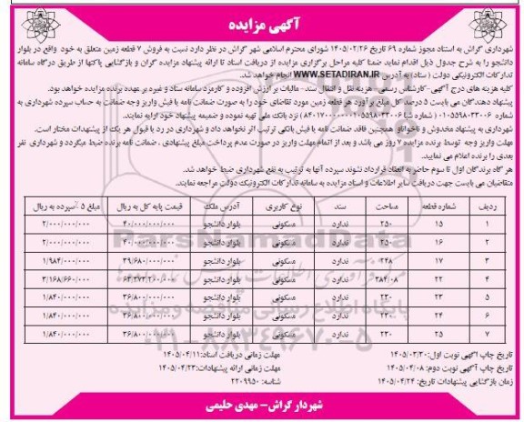 مزایده فروش 7 قطعه زمین / نوبت دوم