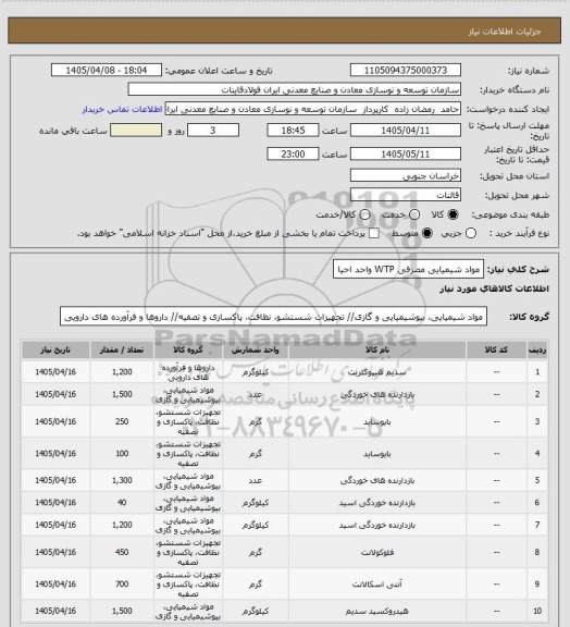 استعلام مواد شیمیایی مصرفی WTP واحد احیا