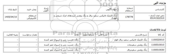 استعلام الکترونیکی، رنگ اکرلیک لاتیکس سفید براق و رنگ روغنی (برندهای اترک شیمی و الوان)
